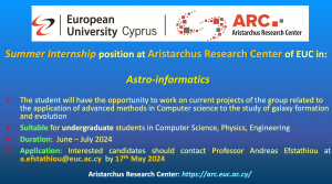 Summer Internship position at Aristarchus Research Center of EUC in Astro-informatics